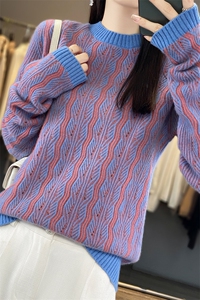 秋冬新款100%纯羊毛衫女圆领提花拼色镂空套头毛衣羊绒针织打底衫图片