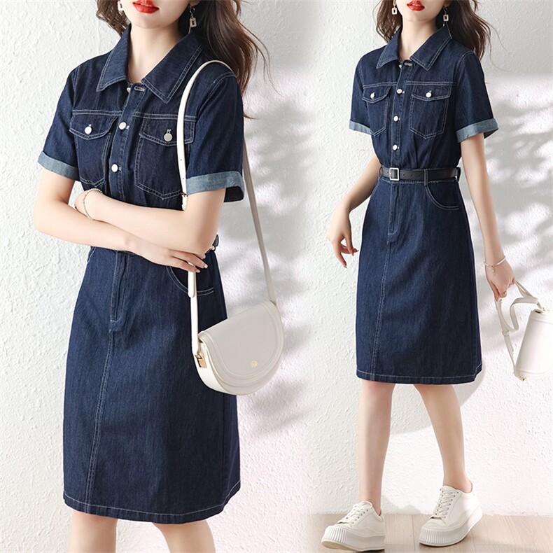 薄款牛仔衬衫连衣裙女2025年夏季新款气质收腰小个子短袖翻领裙子，女装连衣裙，美沁