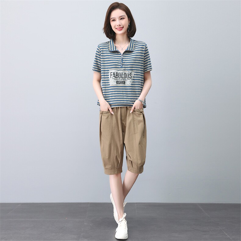妈妈夏装套装女薄款2023年新款宽松休闲中年短袖T恤五分裤两件套,女装套装/套裙,忆绮罗