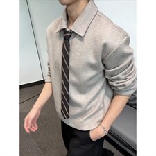 美式复古polo翻领卫衣男款春季老钱风领带长袖上衣宽松学院风外套，女装短外套，星座715-4