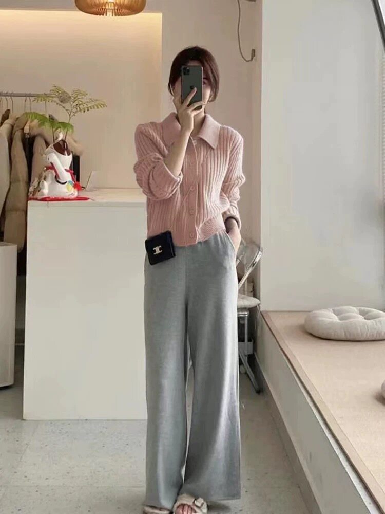 秋冬POLO领100%纯羊毛开衫女坑条加厚毛衣外套宽松慵懒羊绒衫上衣，女装针织衫/毛衣，恩泰羊绒