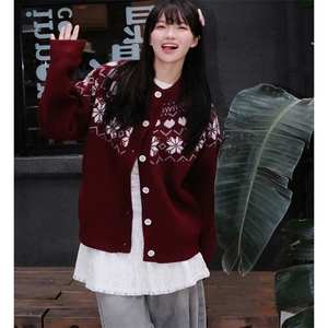 重磅秋冬装北极绒开衫毛衣美式复古休闲圣诞慵懒风提花针织衫外套图片