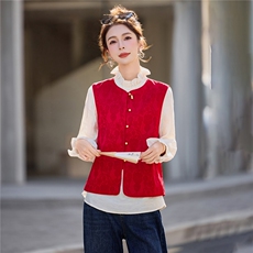 6301春装新款喜庆红色短款圆领提花马甲小外套，女装马甲，微微衣阁