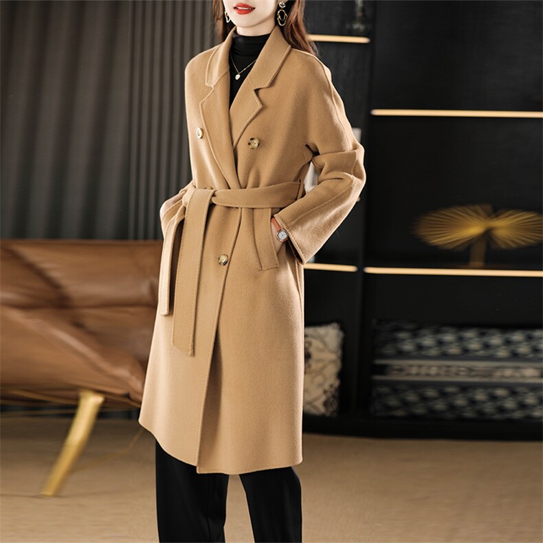 2024秋季新款纯色长袖中长款双面呢大衣通勤百搭，女装双面呢大衣，贝源羊绒
