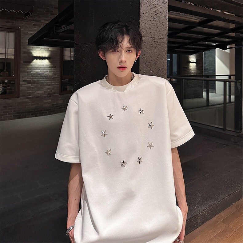 重磅垫肩圆领夏季小众T恤美式金属装饰星星短袖920P40,男装T恤,电商A458A