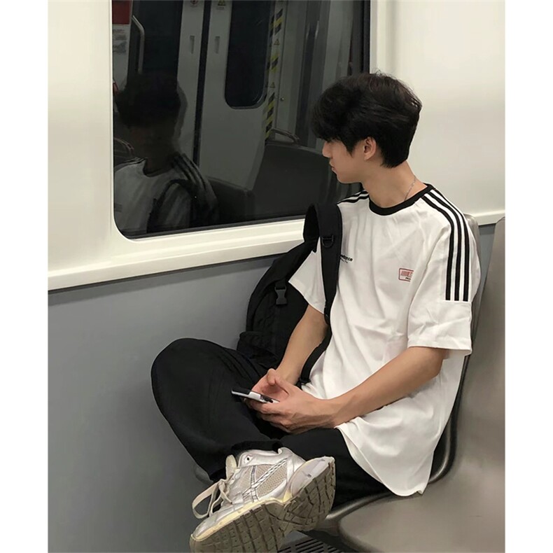 抖音得物供货240克宽松纯棉美式潮牌印花三杠半织带短袖T恤AT1609,男装T恤,电商A443