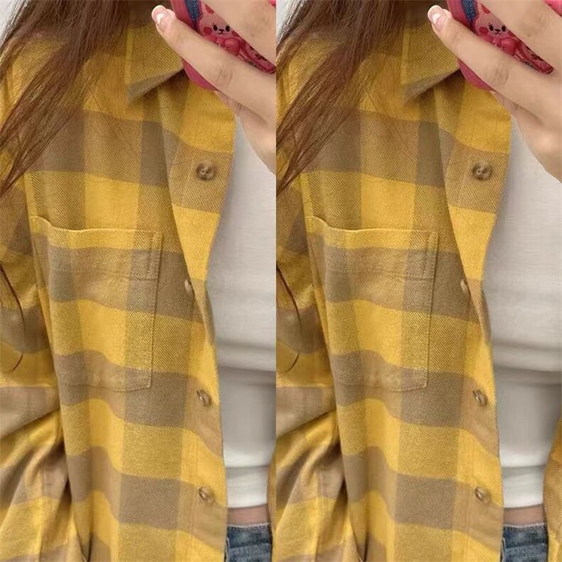 美式复古黄色格子衬衣外套女早秋慵懒风宽松休闲大码格纹衬衫上衣,男装衬衫,星座506A