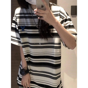 chic港风潮条纹短袖T恤男女宽松oversize日系复古情侣LSK422-P26图片