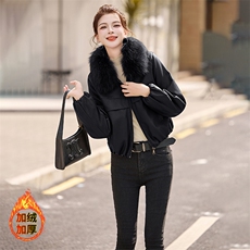 安可拉红加绒加厚短款皮衣外套女款2024冬季新款真毛领皮棉服夹克，女装皮衣，美拉德工厂直营店