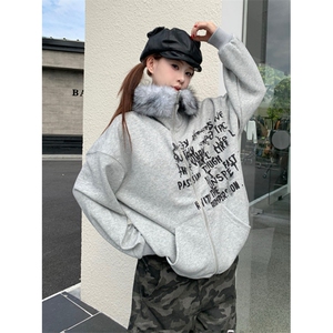 复古毛领连帽卫衣女秋季学院风慵懒chic宽松开衫外套 WB6022图片