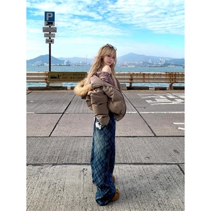 美式复古设计感渐变格纹阔腿牛仔裤男女宽松百搭潮流拖地裤图片