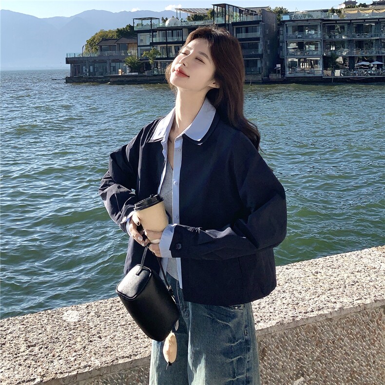 蓝色撞色衬衫领短款夹克外套女2026春秋新款韩系时髦减龄夹克显白,女装短外套,艾米莉亚
