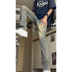 美式高街小众分割设计直筒做旧微喇牛仔裤A440P55控78，男装牛仔裤，电商A309