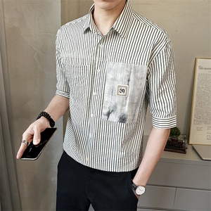 新款男士夏季中袖衬衫休闲拼接撞色衬衣潮流上衣男装C1706-P68图片