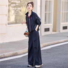 休闲撞色拼接工装套装女2025春秋新款干练时尚高级感阔腿裤三件套，女装套装/套裙，意芙