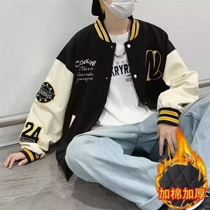 秋冬大码美式复古棒球服外套初中高中学生宽松刺绣拼接夹克686A图片