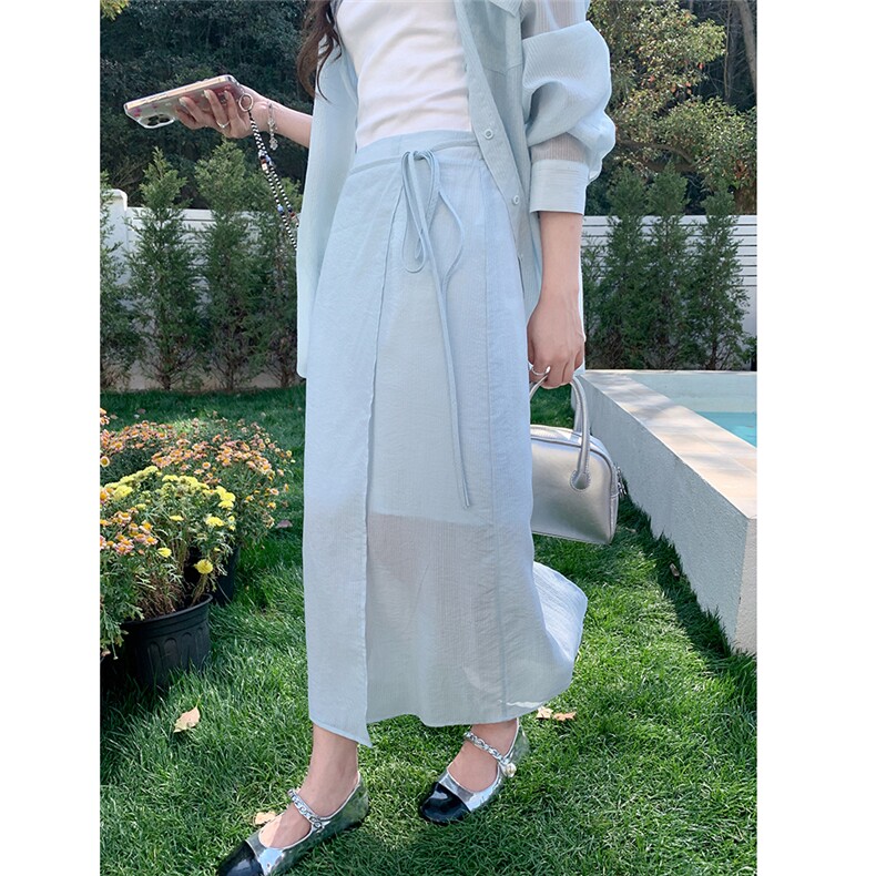 蓝色休闲时尚套装女2025夏季新款气质一整套穿搭衬衫半身裙两件套,女装套装/套裙,2C107