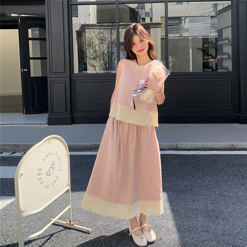 粉色韩系减龄时尚套装女夏季新款蕾丝拼接无袖上衣半身裙两件套,女装套装/套裙,浙宝210（原浙宝191）