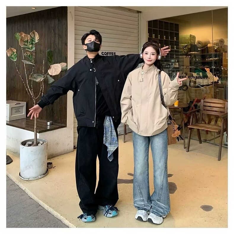 美式复古立领外套男女情侣2025春秋新款宽松休闲工装夹克图片