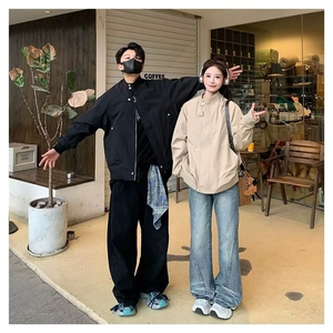 美式复古立领外套男女情侣2025春秋新款宽松休闲工装夹克图片