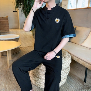2021夏季新款风男装汉服棉麻印花短袖T桖九分裤两件套P70图片