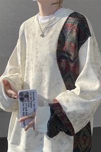 现货 WY10169-特P50新中式重磅圆领拼接长袖套头上衣大码卫衣外套图片