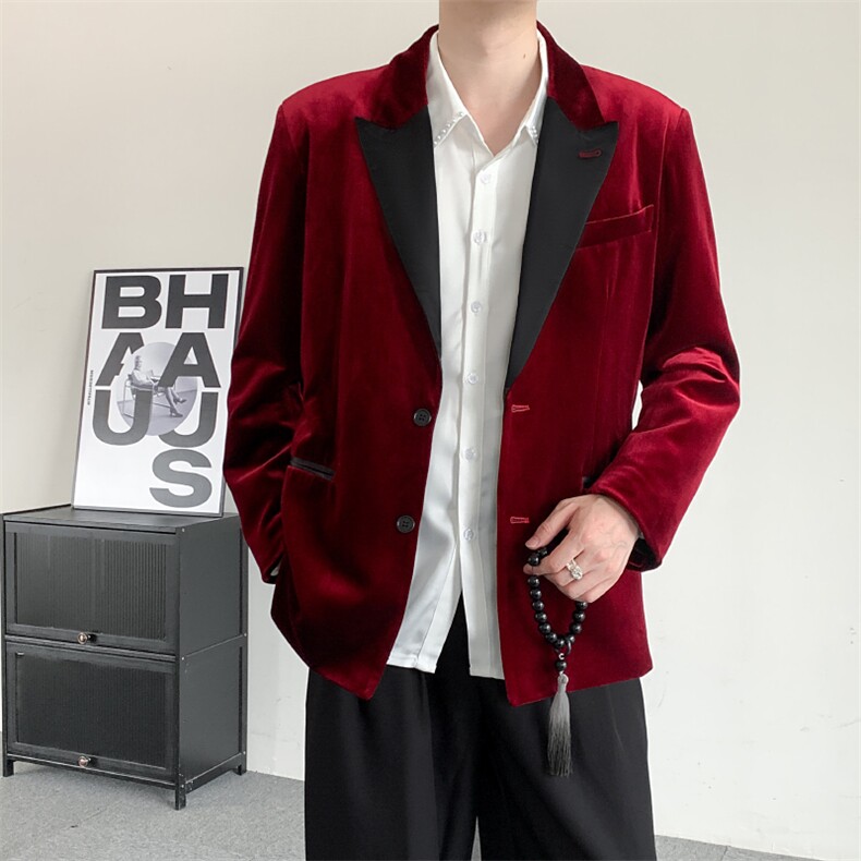 秋装2025酒红色轻奢丝绒西装戗驳领宴会礼服男西装主持人结婚外套,男装西服,星座909