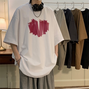 玫红色港风美式心形纯棉抖音直播男女T恤短袖A354 T327P25控39图片