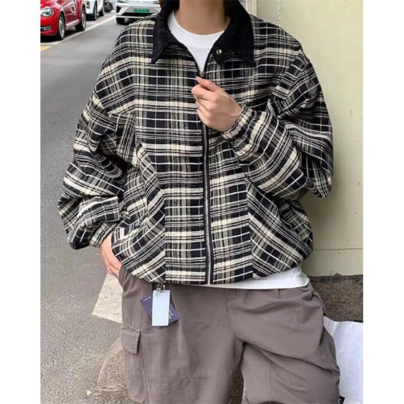 春秋季黑白格纹翻领夹克男款日系复古风街头拉链外套上衣J642,男装夹克,星座1116A（原606A-3）