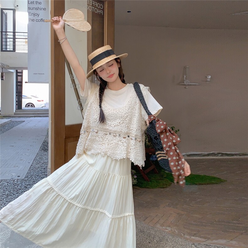 度假风甜美套装裙女2025夏季新款小个子T恤蕾丝马甲半身裙三件套,女装套装/套裙,维壹