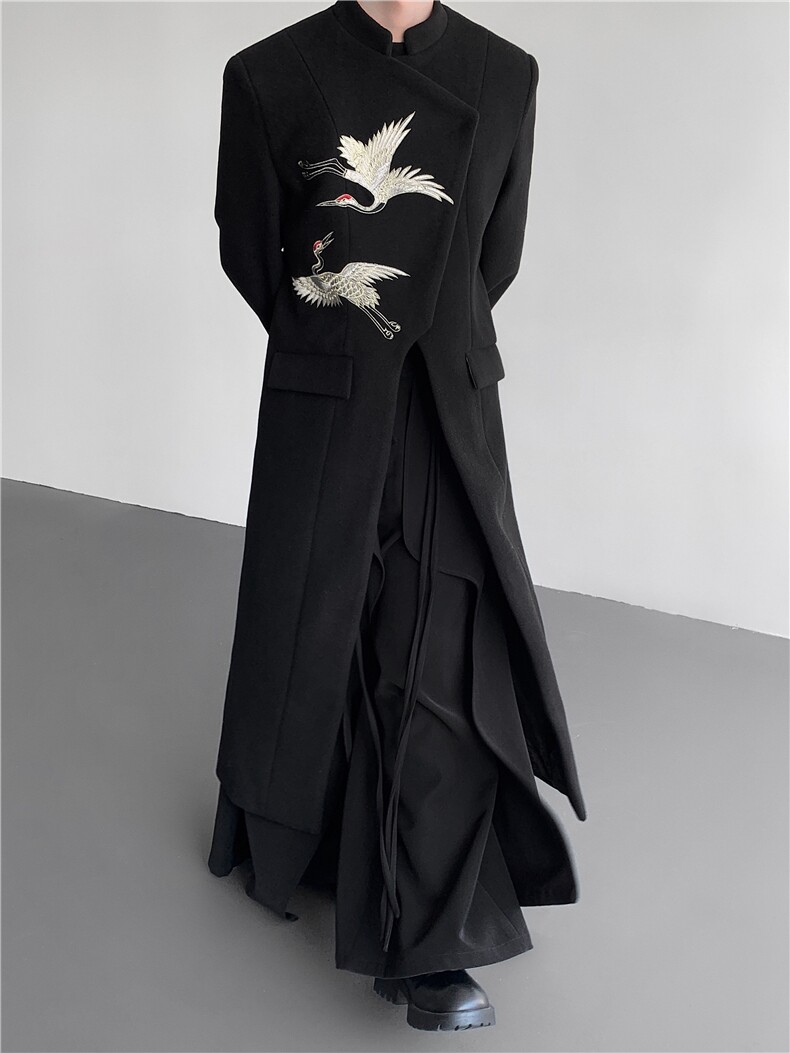 25新中式男士刺绣仙鹤毛呢长款毛呢大衣外套mj1077-p158，男装毛呢大衣，电商B288