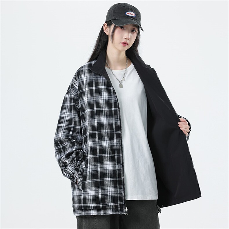 美式高街双面穿格子外套男女翻领痞帅防风潮流百搭夹克8511-P39,男装夹克,电商B306
