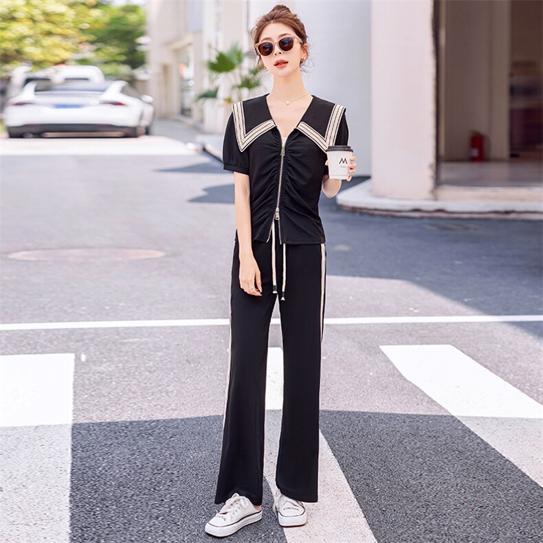 时尚流行运动休闲套装女夏2023新款潮流翻领短袖显瘦阔腿裤两件套,女装套装/套裙,曼娅璐