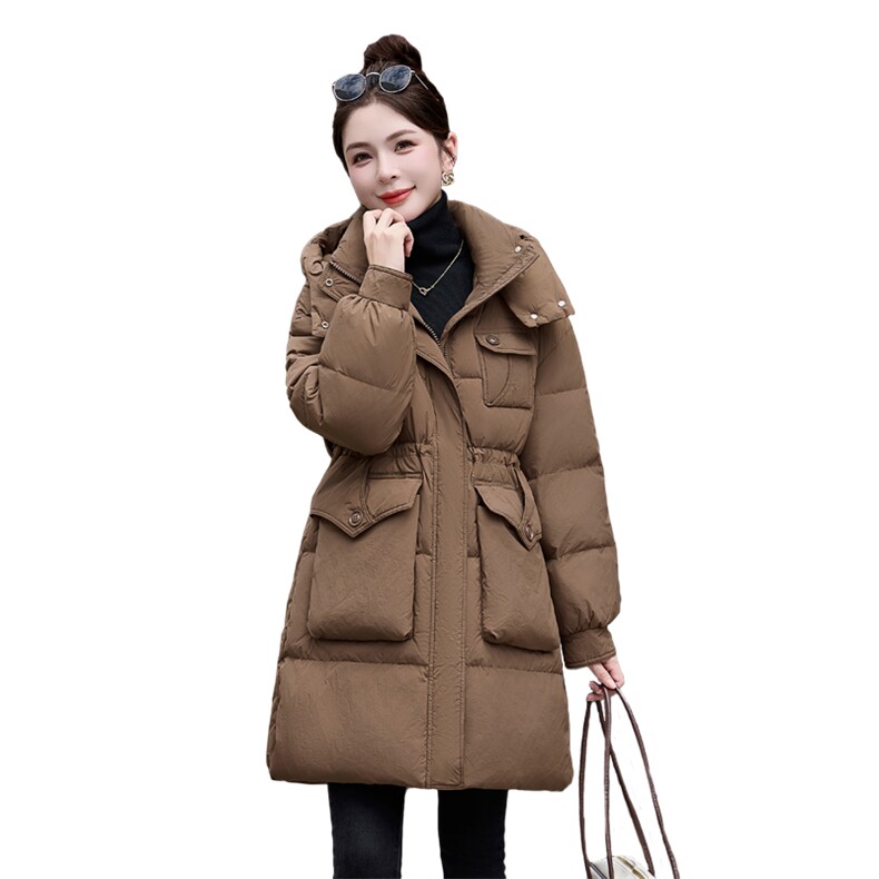 美拉德咖色鹅绒羽绒服女2024冬季新款收腰显瘦中长款加厚保暖外套,女装羽绒服,牡丹诺