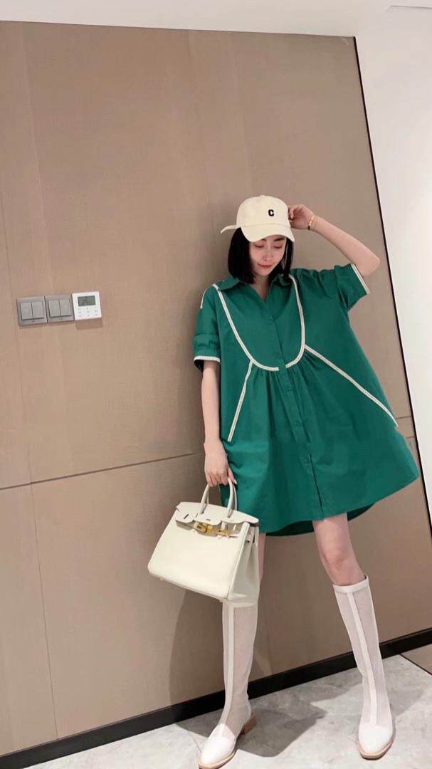 W890欧洲站2021夏季新款时尚袖拼边休闲衬衫连衣裙,女装衬衫,L·H·X