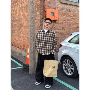 春秋新款下摆流苏破坏衬衣男女经典基础翻领复古格子衬衫外套上衣图片