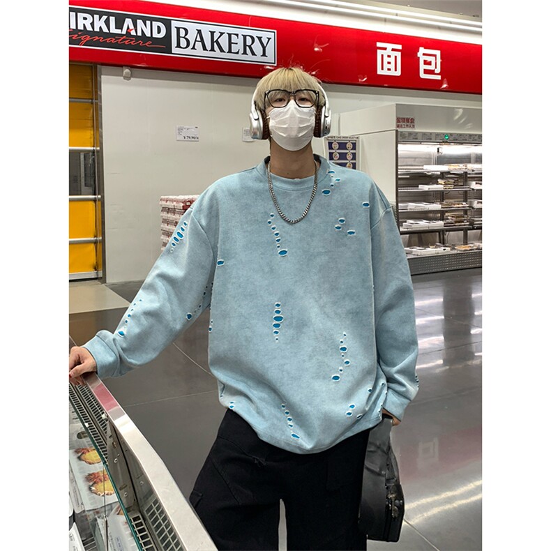 美式破洞长袖圆领卫衣休闲宽松日常基础款男W4676-P48【特价】,男装卫衣,电商A007