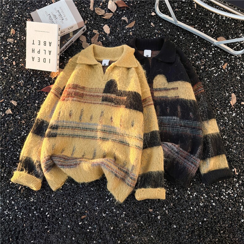 MY9576美式覆古chic撞色翻领针织衫男女宽松bf慵懒风休闲套头毛衣,男装针织衫/毛衣,星座308A-1（原309B-1）