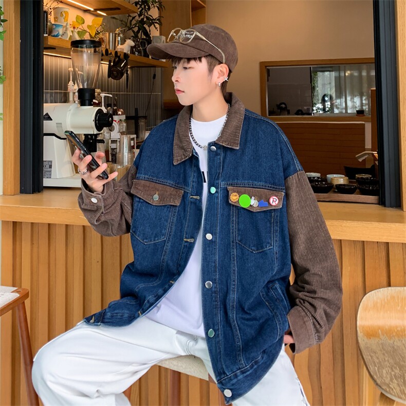 2023港风秋款男牛仔夹克灯芯绒拼色牛仔别针装饰外套JK102P75,男装夹克,星座1013-1