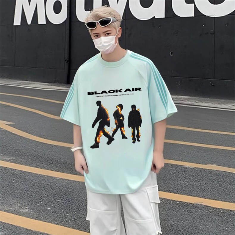 抖音得物品质二开240克宽松纯棉美式潮牌印花三条杠中性风短袖T恤,男装T恤,电商A486-1