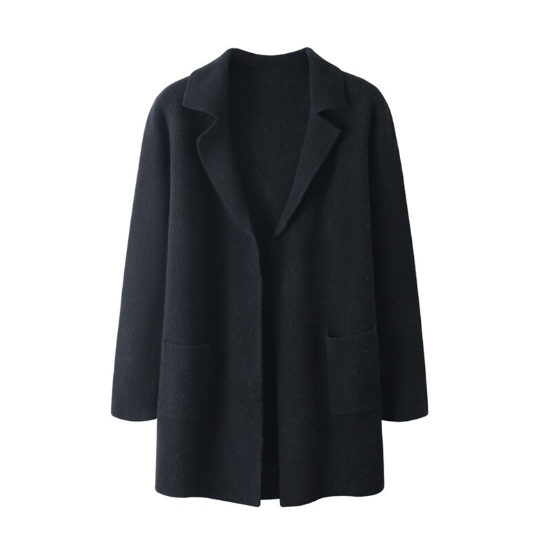 女士休闲简约舒适秋冬季西装领中长款羊毛开衫外套，女装羊毛衫，温贝羊绒