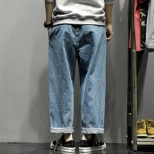 2021春季新日系灰墙大码阔腿大裤脚宽松牛仔九分裤N8007-P45，男装牛仔裤，电商A001
