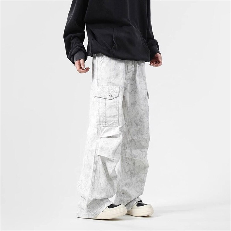 扎染工装裤子男生春秋季褶皱拼接款做旧潮牌宽松直筒阔腿运动长裤，男装工装外套，星座218-1（原230）