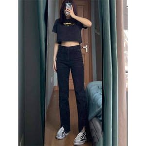 AK2418-p35 黑色开叉微喇叭牛仔裤女春秋小个子显瘦高腰喇叭裤图片