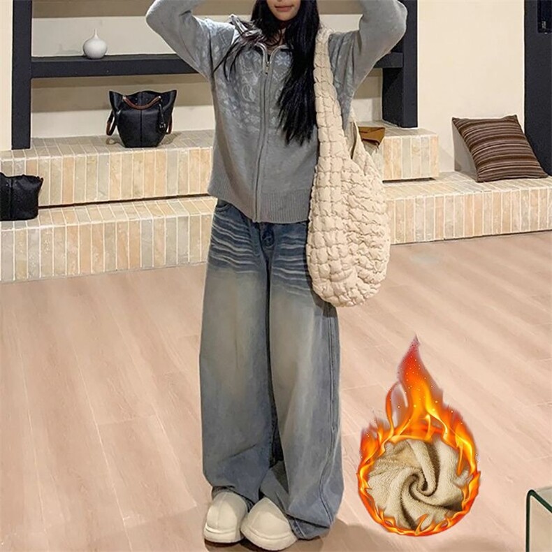 小众街头设计感阔腿牛仔裤女加绒加厚新款水洗垂感显瘦阔腿牛仔裤,男装牛仔裤,星座506A