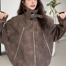 复古做旧PU皮衣夹克美式潮牌痞帅机车服外套休闲上衣Y1029P72网图，女装皮衣，电商B245