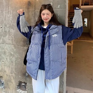 韩系少女无袖格子棉服马甲外套秋冬宽松叠穿上衣MF346-P55图片