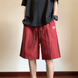 速干短裤男士夏季薄款美式复古裤子高街潮牌休闲运动条纹五分中裤图片