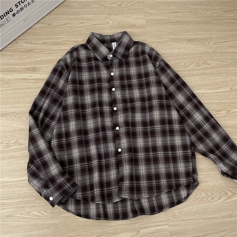 复古格子长袖衬衫休闲上衣宽松慵懒风百搭防晒衬衣外套2350P48，男装防晒衣，星座410-2
