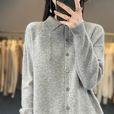 春秋精仿羊毛长袖翻领套头毛衣女宽松薄款polo领羊绒针织打底外套，女装羊毛衫，蒙莲贝斯